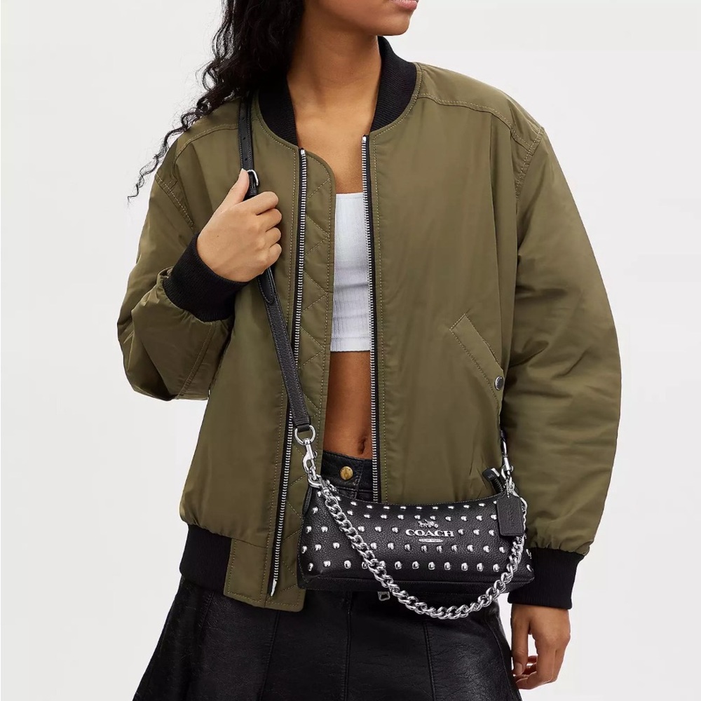 NWT COACH Charlotte Leather Shoulder Bag With Rivets Silver/Black Crossbody - Picture 4 of 9